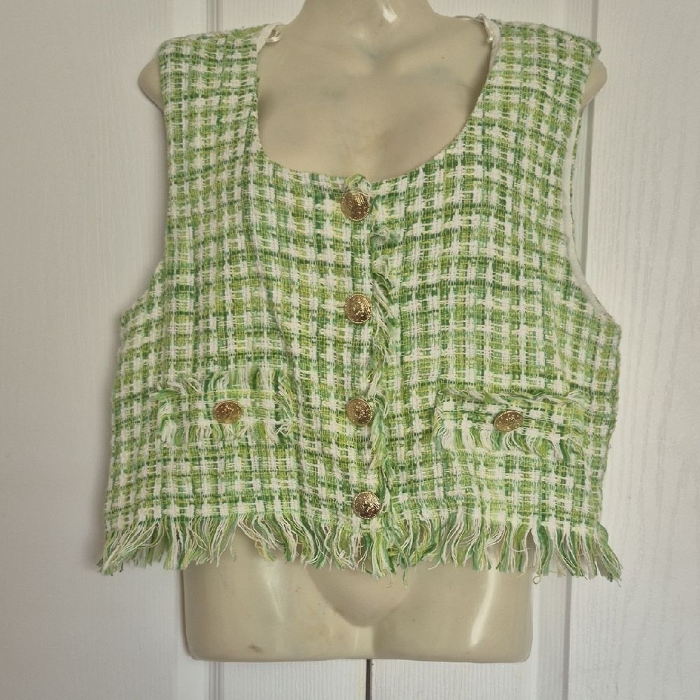 Zara Green and White Tweed Buttoned Blouse - Picture 4 of 16